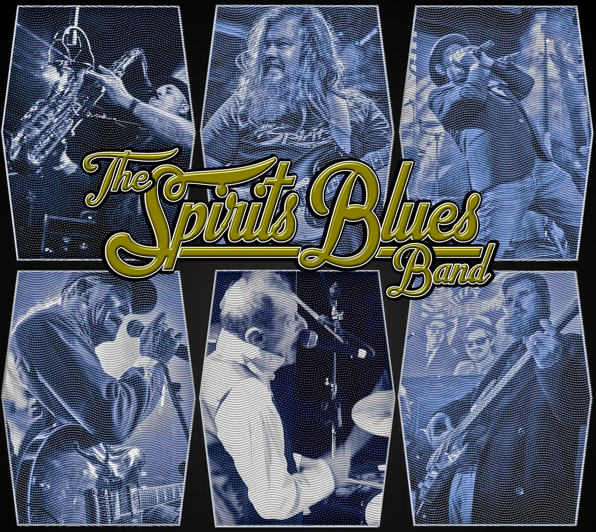 The Spirits Blues Bnad - individual images in a grid - three above and below with a duotone pic of each portrait with an almost ink overlay like a wooden block from the 1800 like is used on money!